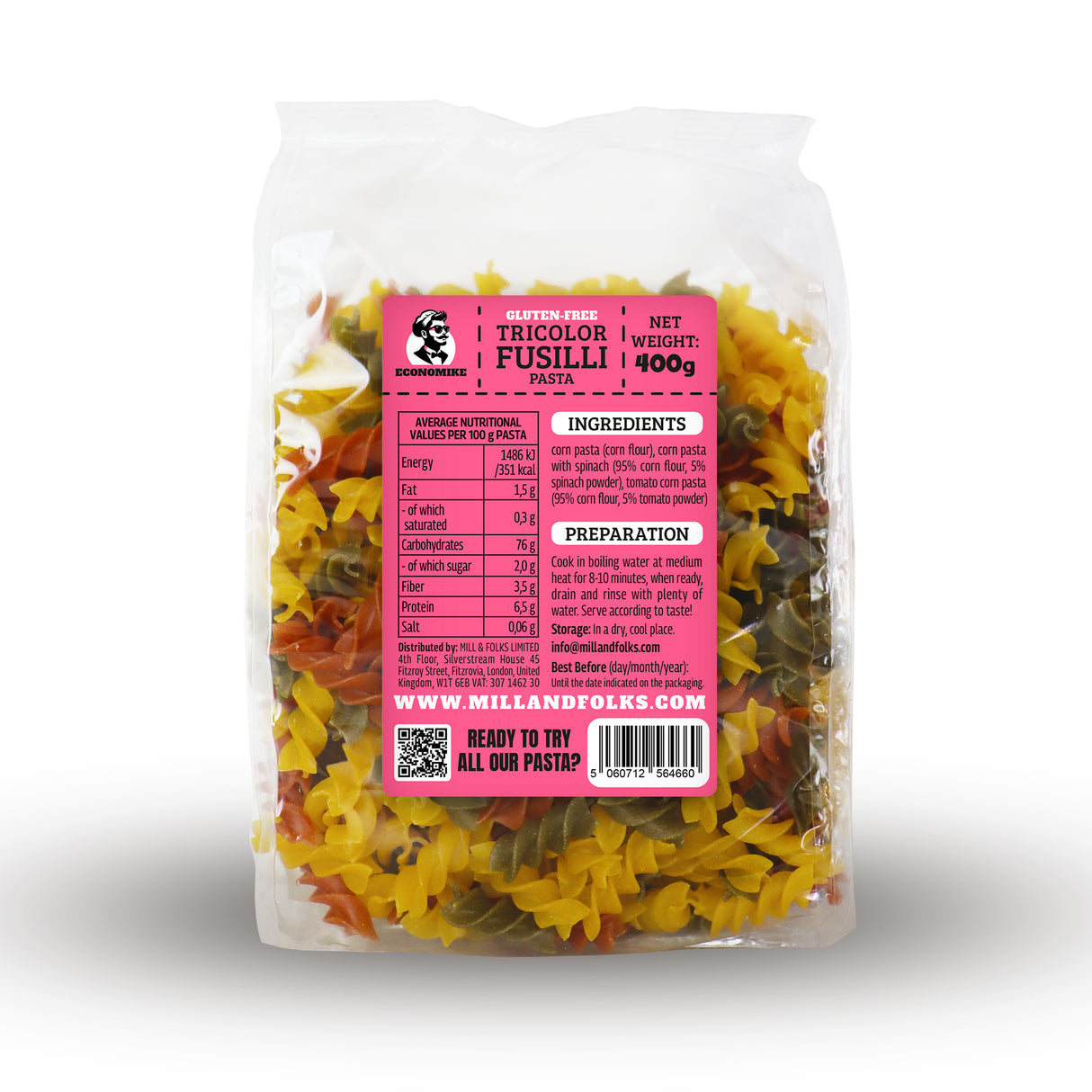 Economike Glutenfreie Mais-Tricolor-Fusilli-Nudeln 400 g