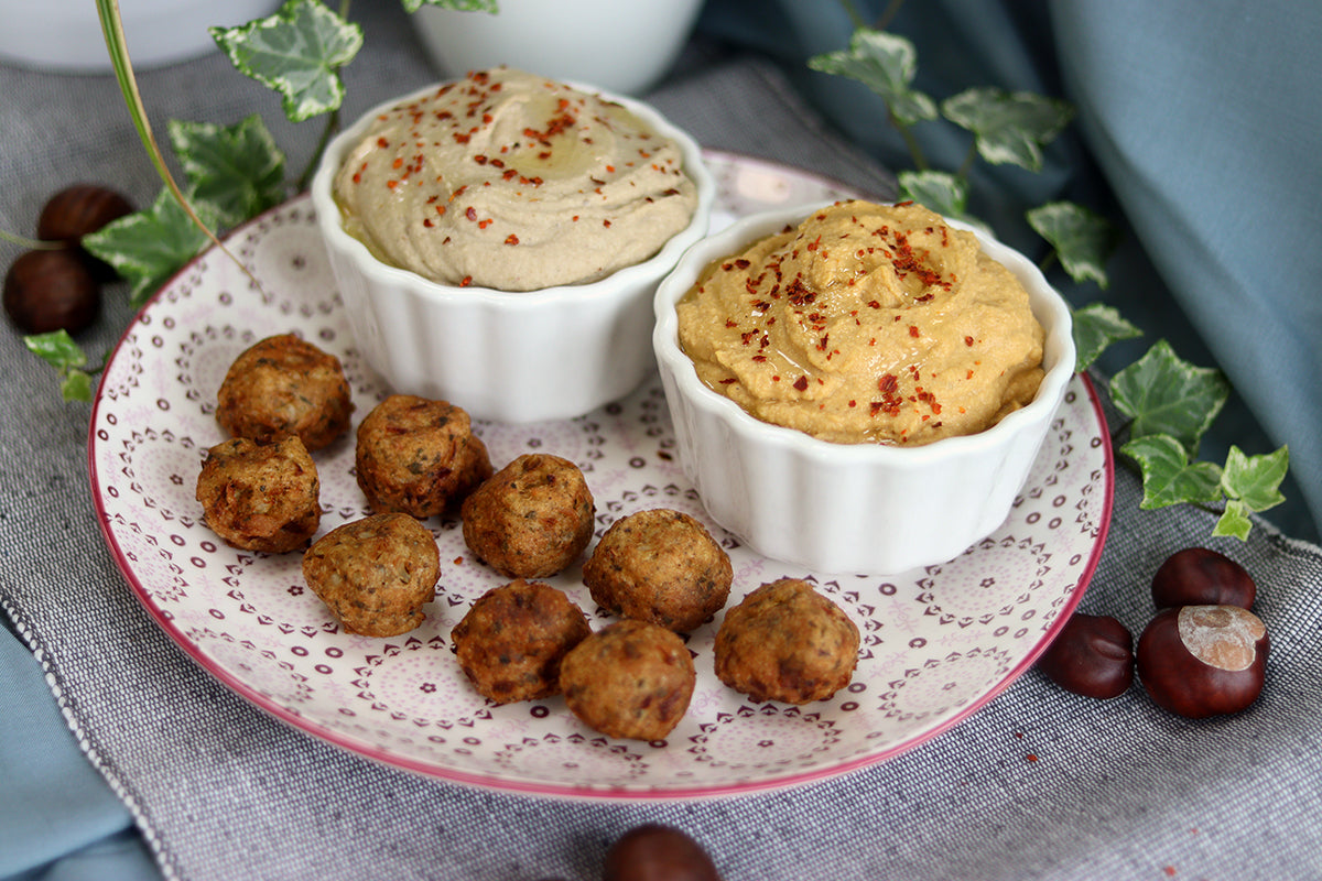 Pumpkin and chestnut hummus with 1001 Falafel patty balls