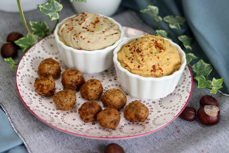 Pumpkin and chestnut hummus with 1001 Falafel patty balls