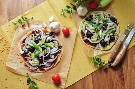 Green pea and Red lentil flour pizzas