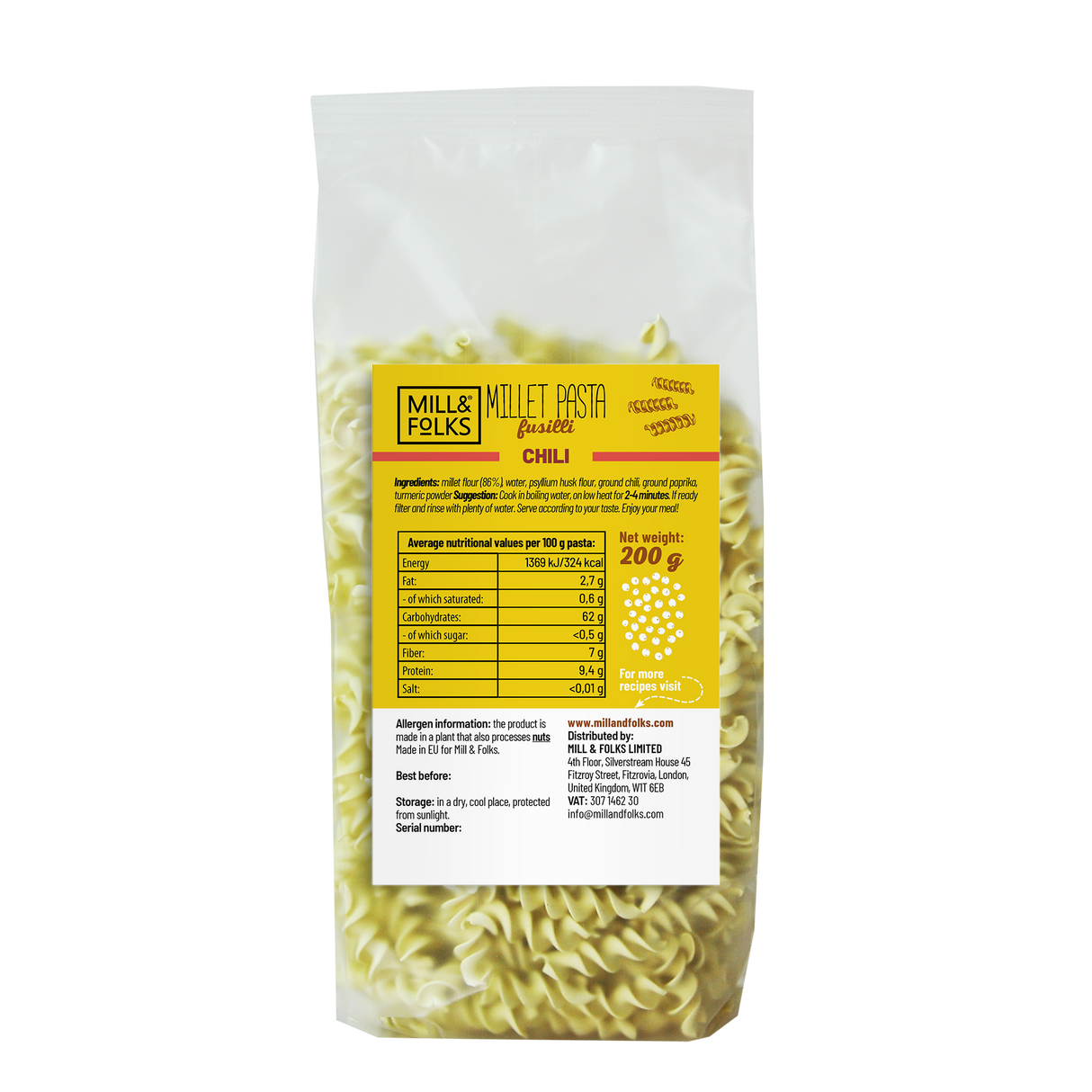 Millet pasta fusilli chili