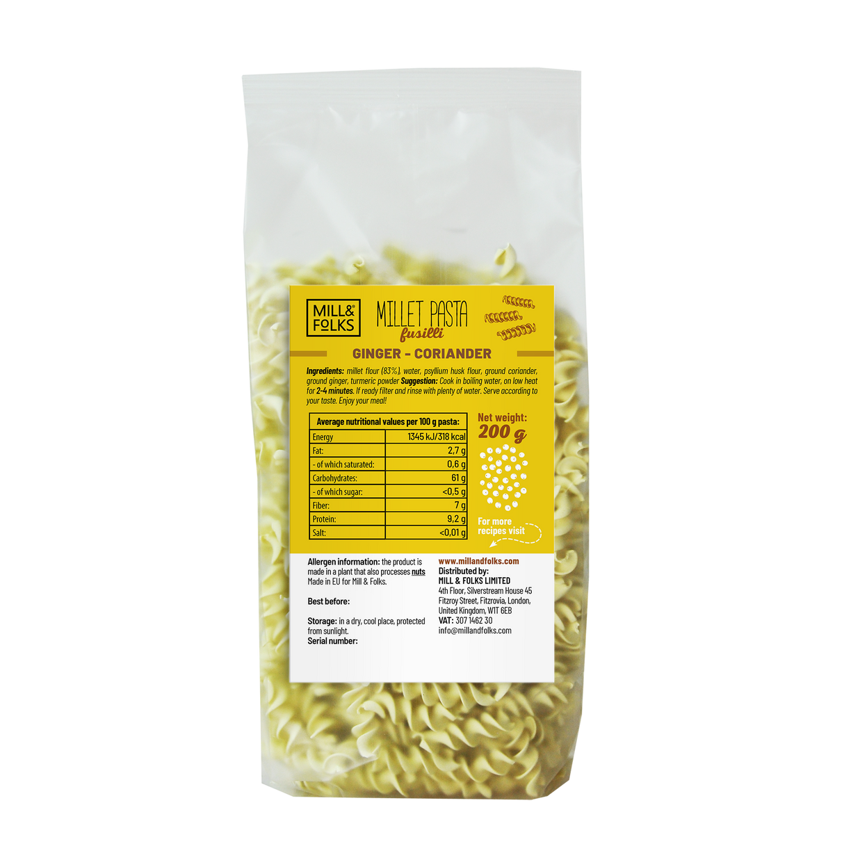 Millet pasta fusilli ginger-coriander